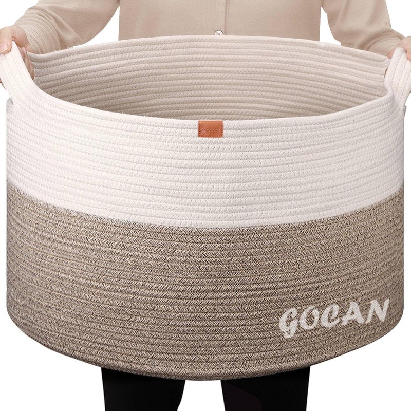 GOCAN Extra Large Laundry Basket toy storage 22"X22"X14" blanket basket Cotton Rope Woven Baskets with Handles for Living Room (Brown/Beige) XXXL - Image 1